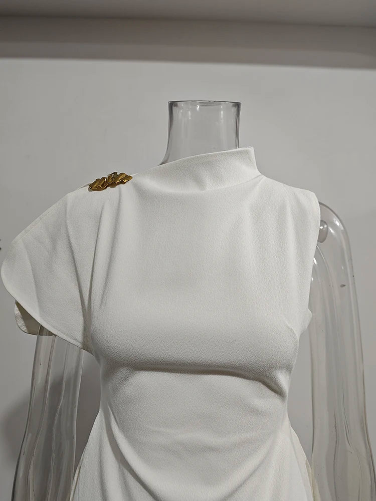 DEAT Elegant Dress Stand Collar Irregular High Waist Long Solid Color Women's Evening Party Dresses 2025 Winter New Tide 35Z3948