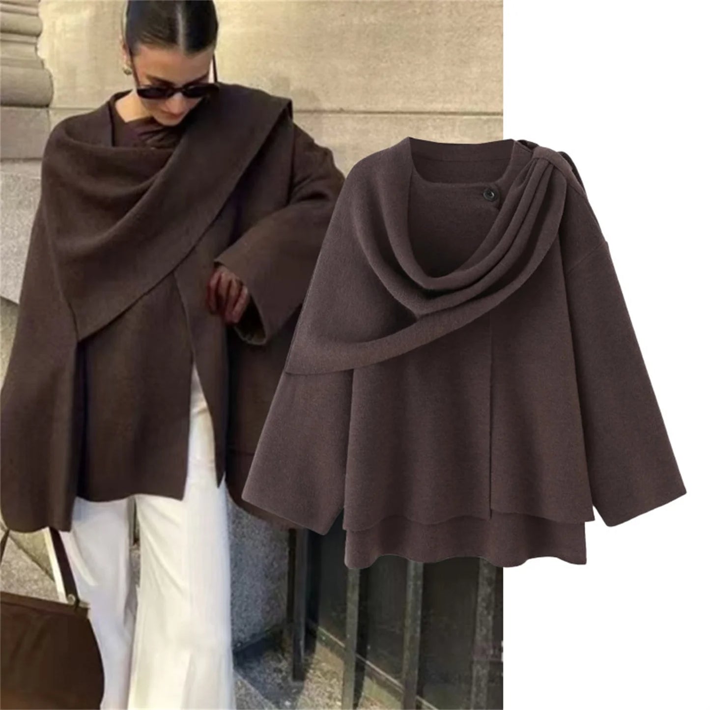 Faionable Asymmetric Scarf Collar ort Knitted Top Coat Women's Design Sense 275600 275607 Commute Sle Loose Fit Long ...