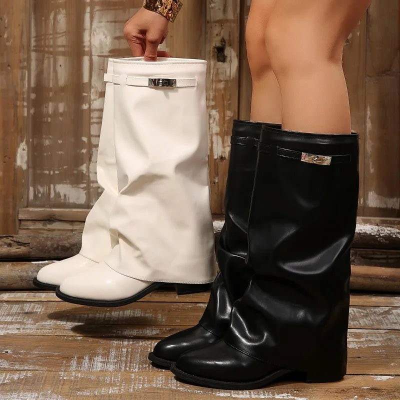 2026 New Round Toe Solid Color Knee High Boots for Women Fashion Simple Style Fold Cuff Chunky Heel Comfort Casual Women's Boots