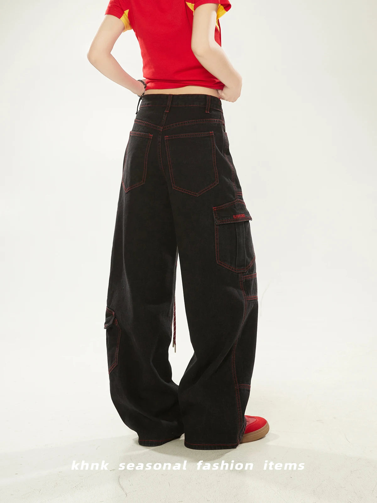 Washed Vintage American High Street Loose Women's Jeans with Patchwork And Stitching Design Casual Wide Leg Workwear Trousers