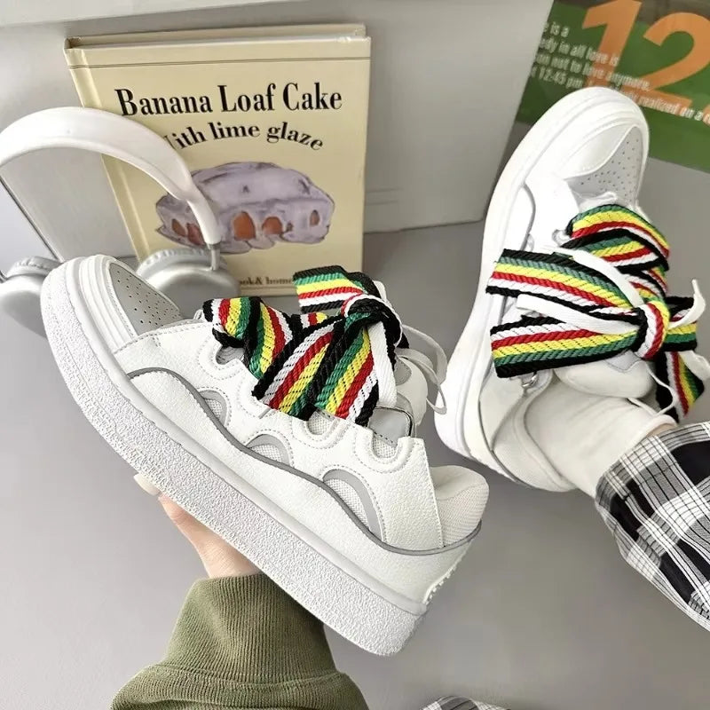 Black White Mixed Colors Couple Casual Sneakers Novelly Reflective Thick Sole Lace-Up Walking Shoes Breathable Women Men Shoes