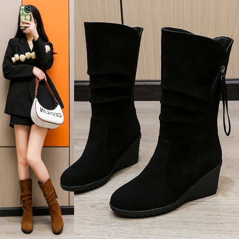 Vintage Faux Suede Wedge Ankle Boots for Women's 2024 Autumn Winter Warm Plush Flat Heels Short Boots Woman Slip on Cowboy Botas