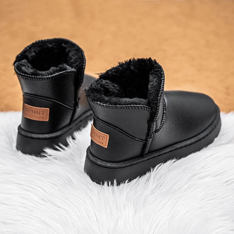 Couple Style Men's and Women's High-Top Leather Waterproof Snow Boots Plus Velvet Warm Boots and Cotton Shoes