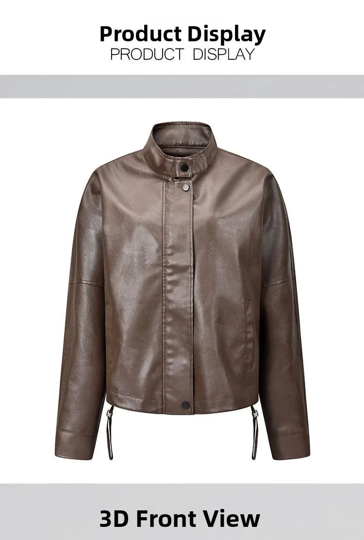 Fashionable Short Casual 3D Leather Jacket Women's Stand Collar Leather Coat Autumn 2026 Thick Synthetic Leather No Brand