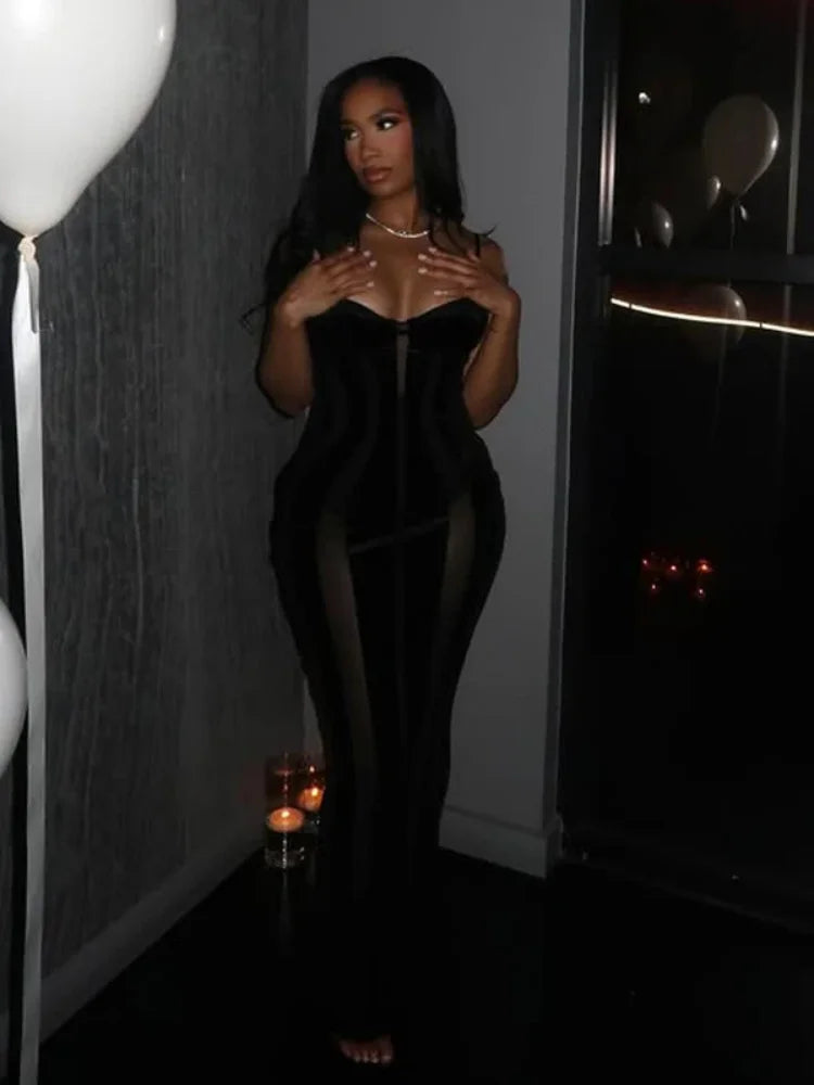 Women Black Velvet Sheer Maxi Dress Sexy Chic Mesh Patchwork Off-shoulder Waist Cinching Slim Maxi Dresses 2026 Club Party Gowns