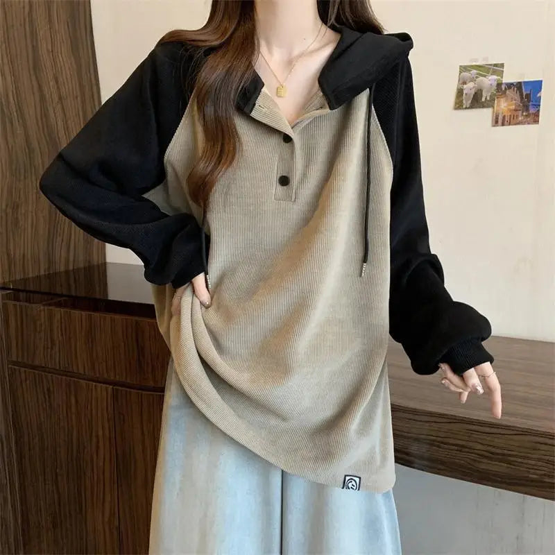 Women Clothing Fashion Casual Long Sleeve Hoodies Spring Autumn Loose Lazy Style Top Tee Office Lady Button Patchwork Pullover
