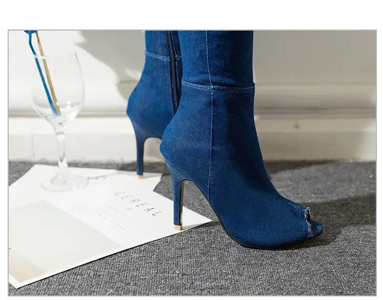 Summer Autumn Thigh High Boots Women Fashion Peep Toe Over The Knee Boots Blue Denim Jeans Zipper Long Boots Shoes Ladies
