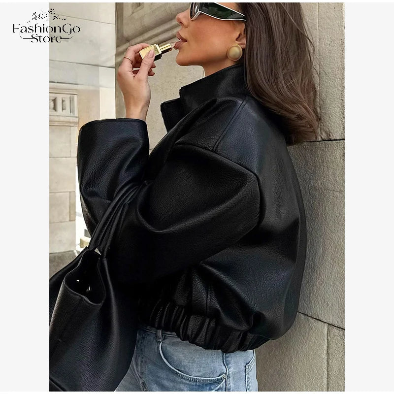 Black Short Leather Jacket Vintage Women's Stand Collar Full Sleeve V-neck Loose Jackets 2026 Lady  Autumn Casual Casual Outwear