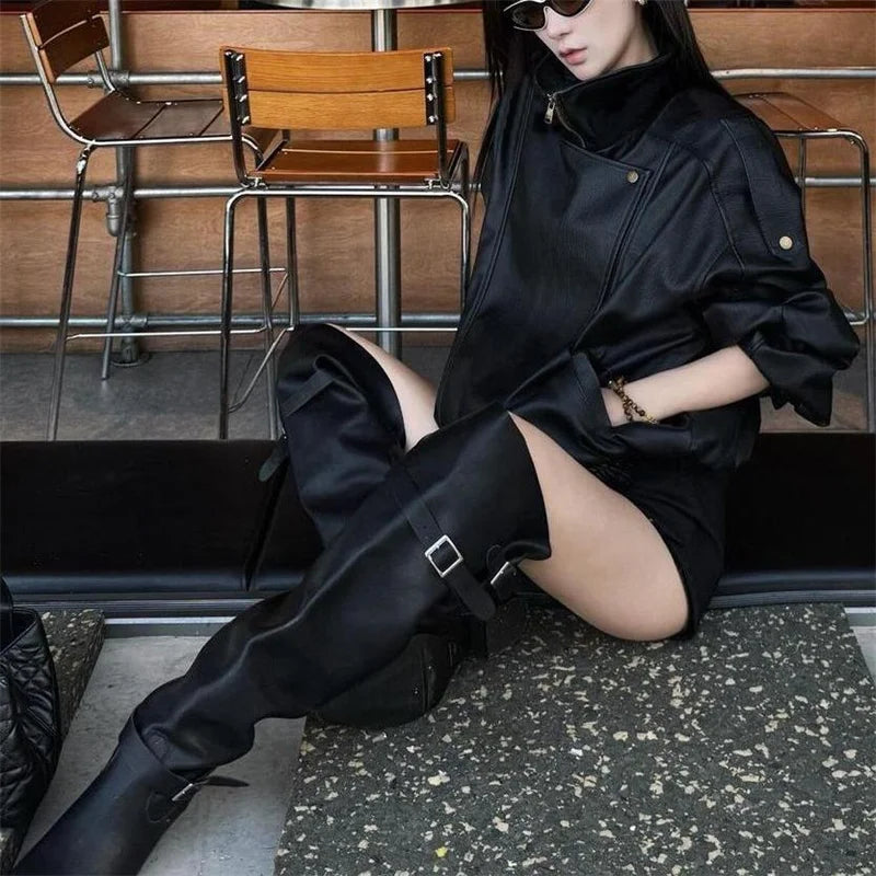 Winter Ladies High End Faux Leather Outwear American Femme Long Sleeves PU Leather Jacket Autumn Women Fashion Casual Loose Coat