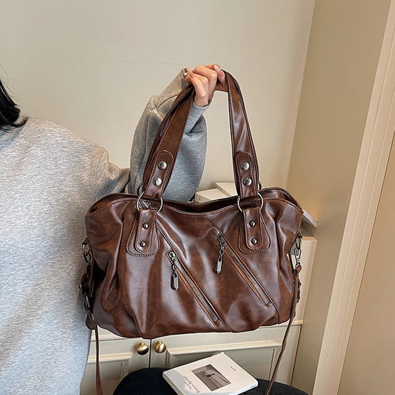 Retro Brand Roomy Shoulder Bag Female Luxury Solid Color Classic Crossbody Bag Large Capacity Style Soft PU Leather Tote Bag