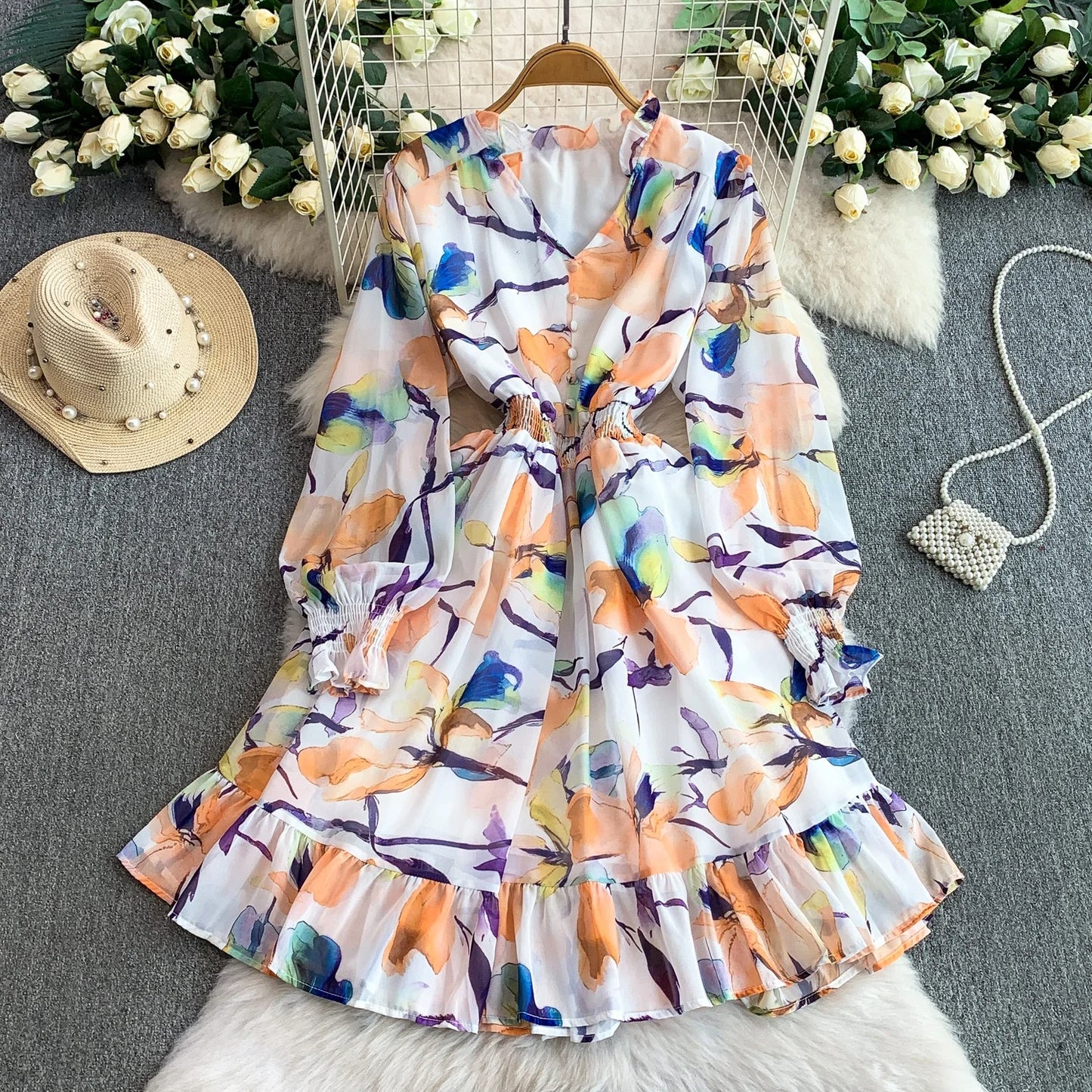 Vaion Sle V-Ne Printed Chiffon Women's Dr Elastic Waist Slimming A-Line Midi Skirt Bell Sve Long Sve Winter D...