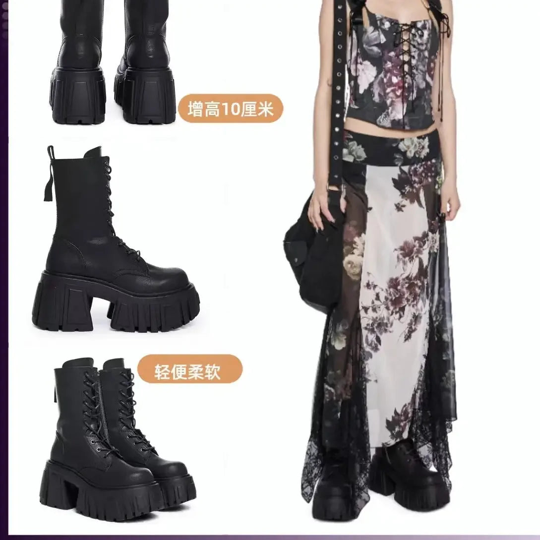 2025 New Women Super High 10cm Shoes Woman Thick-Soled British Style Punk Fashion Platform Thigh High Boots Chunky Heel Pumps