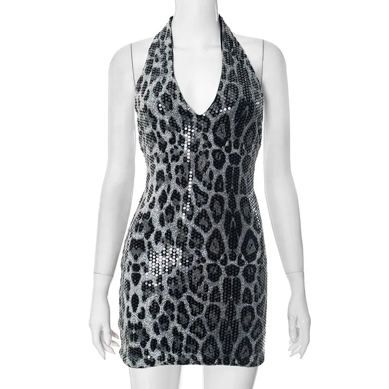 Sexy Dress Dresses 2025 Woman Vestidos Animal Print Backless Halter Neck Package Hip Sleeveless Wild Hot Girl Style Street Wind