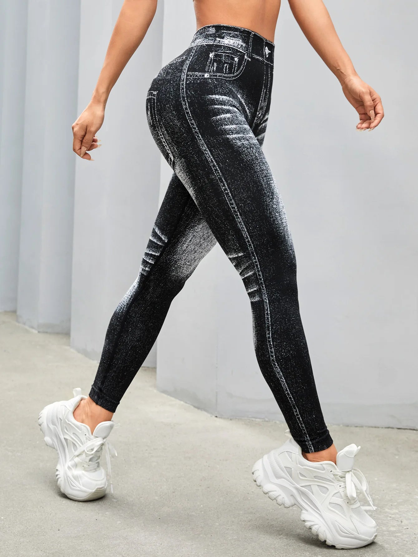 Women V Back Gym Leggings Faux Denim Jeans  Athletic Workout Leggins Elastic Seamless Training Yoga Pants Sports Fitness Tights