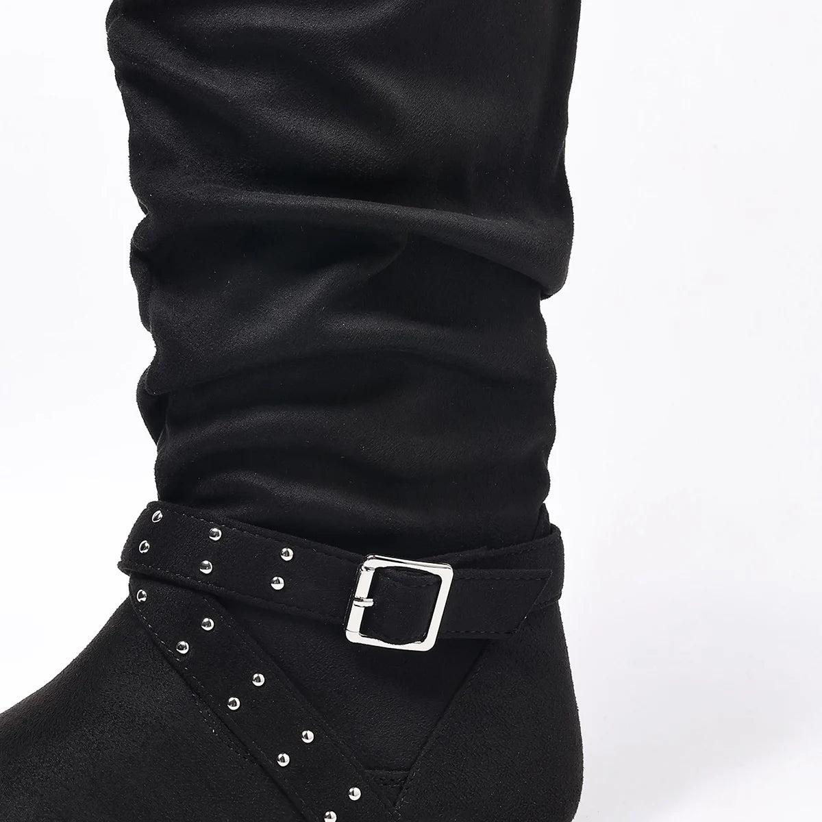Rivet Side Zipper Buckle Flat Bottom Fashionable Solid Color Comfortable European and American Ladies Youth Mid-Calf Boots