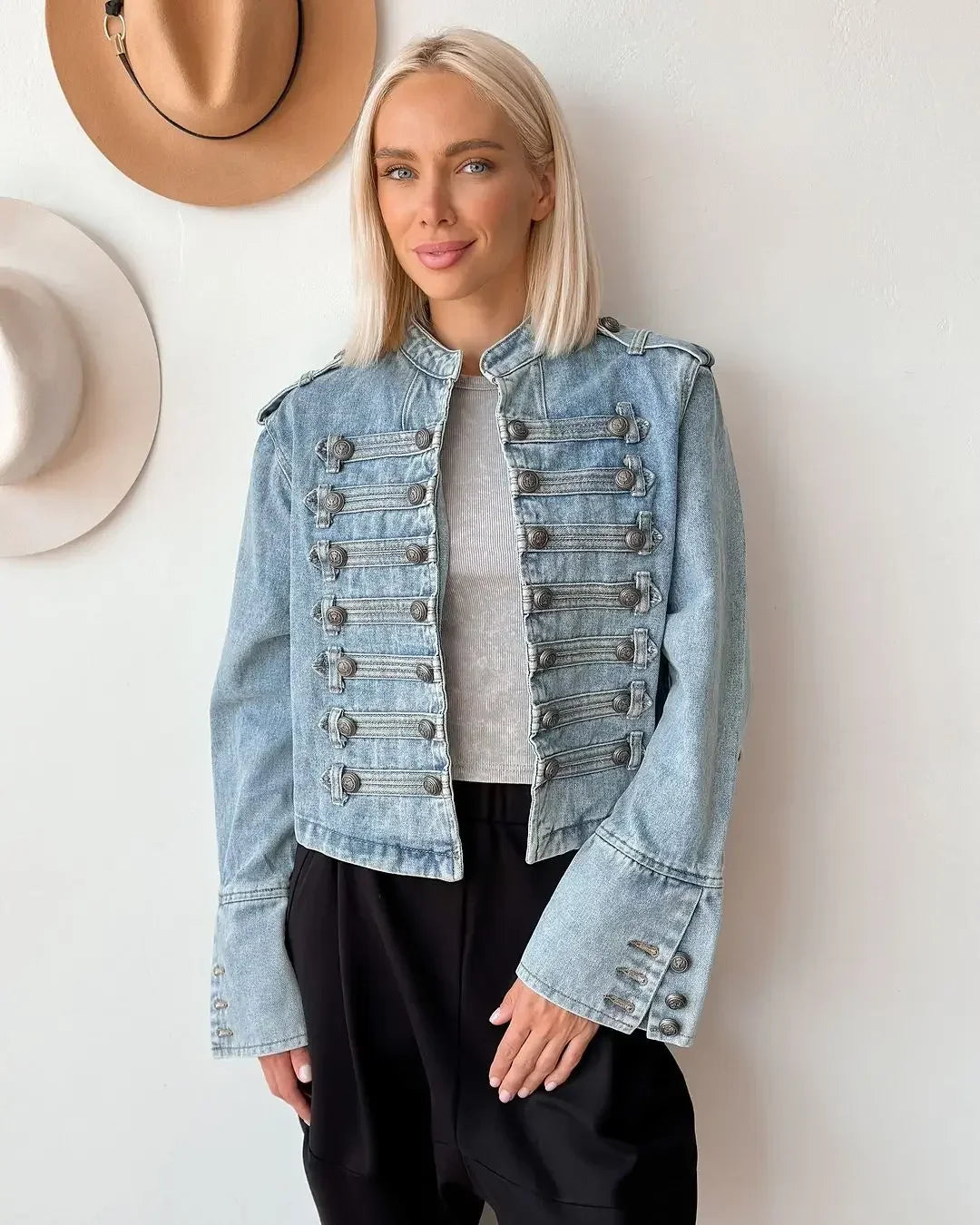 Vintage Denim Military Jacket Women Retro Solid Round Neck Single Breasted Slim Short Jackets 2026 Lady Daily Street Outerwears