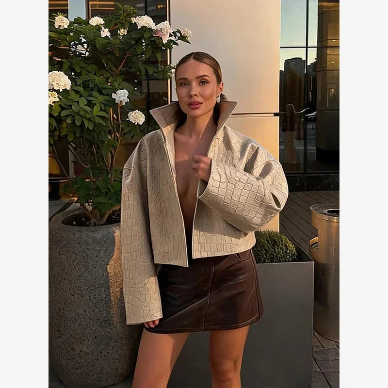Crocodile Pattern Embossed Short Women Leather Jacket Stand Collar Zipper Long Sleeved Cropped Jackets 2026 Street Daily Outfit