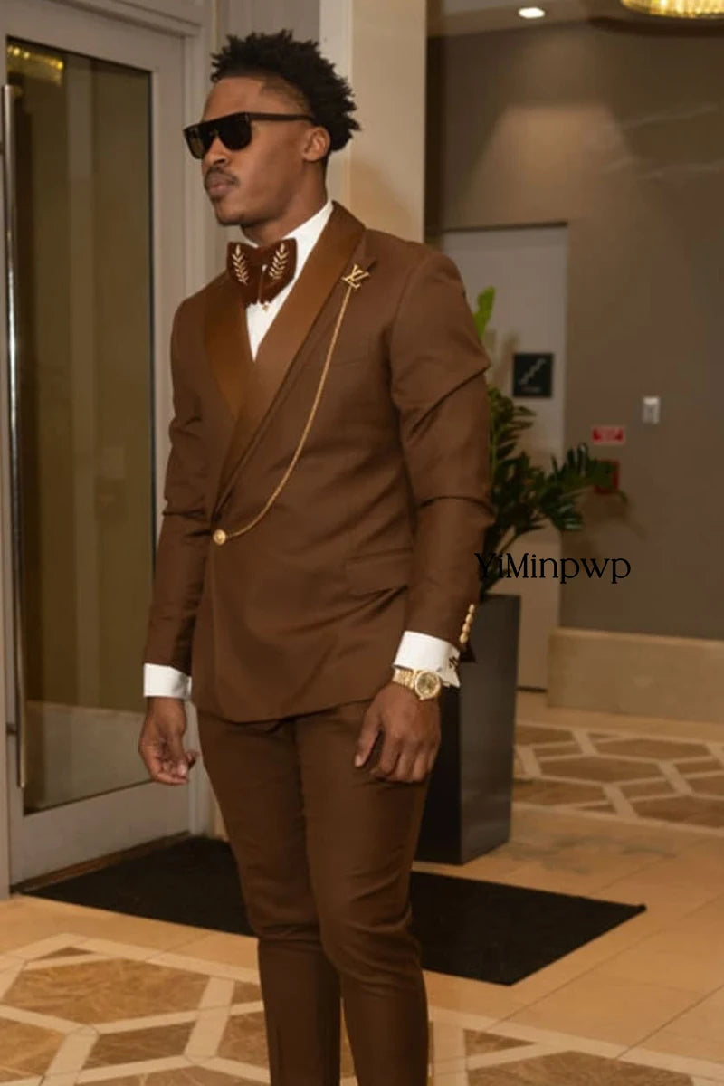 Brown African Men's Suits 2 Pieces Shawl Lapel One Button Groom Wedding Suit for Man Prom Slim Fit Blazer Jacket+Pant Customized