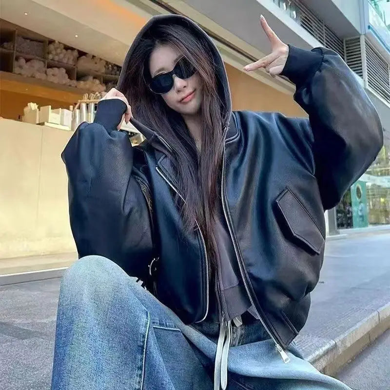 Black Short Baseball Jacket Leather Jacket Women's 2026 Spring New Pu Leather Cool Sa Style Retro Loose Locomotive Clothing