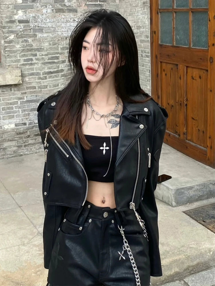 Sweet Cool Moto&Biker Pu Leather Jacket Fashion Street 2026 Black Coat Women Spring Autumn New Slim Fit Short Tops Mujer