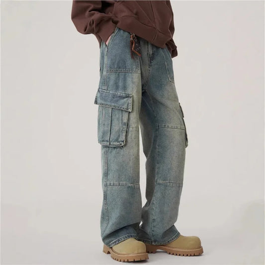 2025 Autumn Winter  Men's Jeans Vintage Vibe Denim Pants Multi Pocket Cargo Patchwork Wide Leg Straight Leg Versatile Trousers