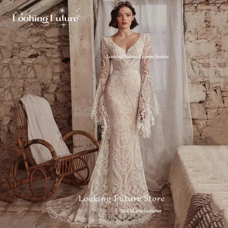 2026 Boho Mermaid Wedding Dresses Long Sleeve Pleat Sexy Lace Illusion Bridal Gown V-Neck Backless Zipper Sweep Train Customized