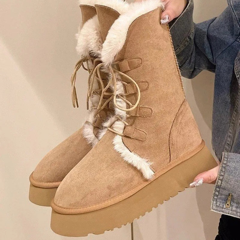 Retro fur integrated warm snow boots for women in winter 2025, new thick soled and plush thick anti slip cotton shoes