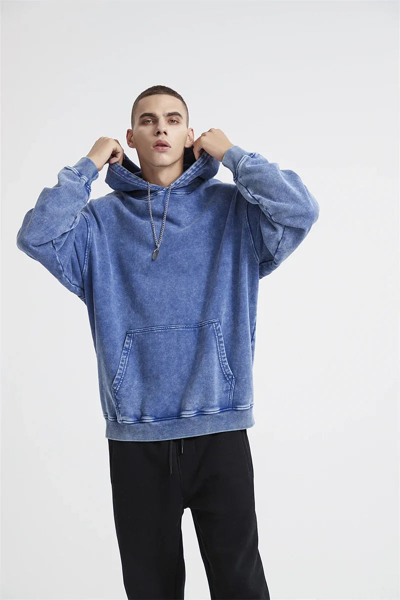 2024 Autumn Winter Men 420gsm Hoodies Streetwears High Street Heavy Weight Washed Cotton Sweatshirts Brand Tracksuit
