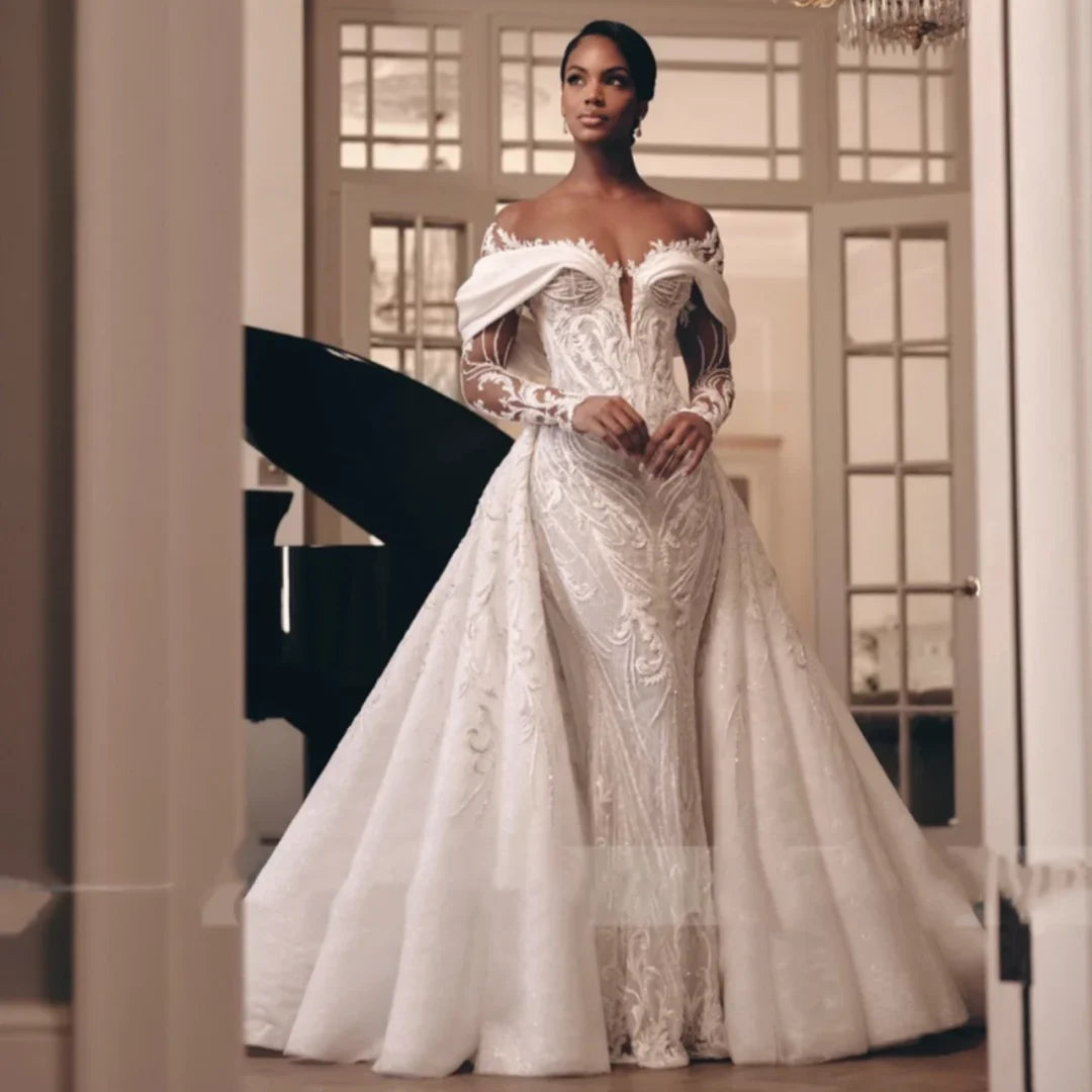 Luxury Lace Mermaid Wedding Dress Off Shoulder Long Sleeve Deep V-neck Detachable Tail Elegant Shining Wedding Dress Custom