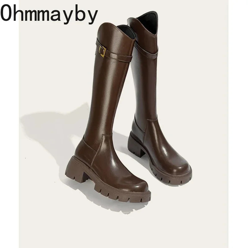Fur Lining Women Knee High Boots Fashion Knight Long Booties Square High Heels Autumn Winter Warm Short Plush Shoes