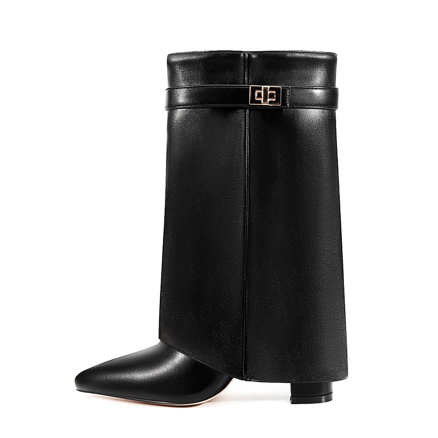 Autumn and Winter New Pointed Metal Buckle Knee High Women's Boots, Thick High-heeled Pants Boots, Fashionable Mid Leg Boots