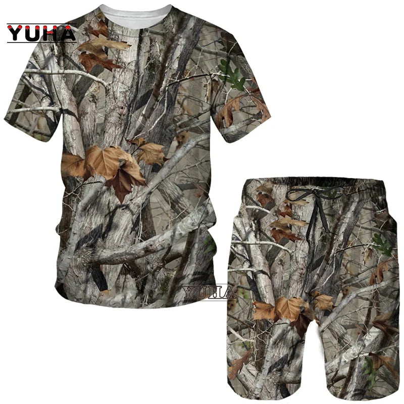 YUHA,Hunting  Summer Men's 3D Printed Camouflage Maple Leaves T-Shirt/Shorts/Suits Unisex Casual Outdoor Sportwear Short Sleeved
