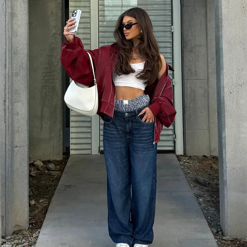 Women Stand Collar Leather Pilot Jacket Red Zipper Cropped Coat Fashion Casual Fashion Outerwear 2026 New Arrival Streetwear