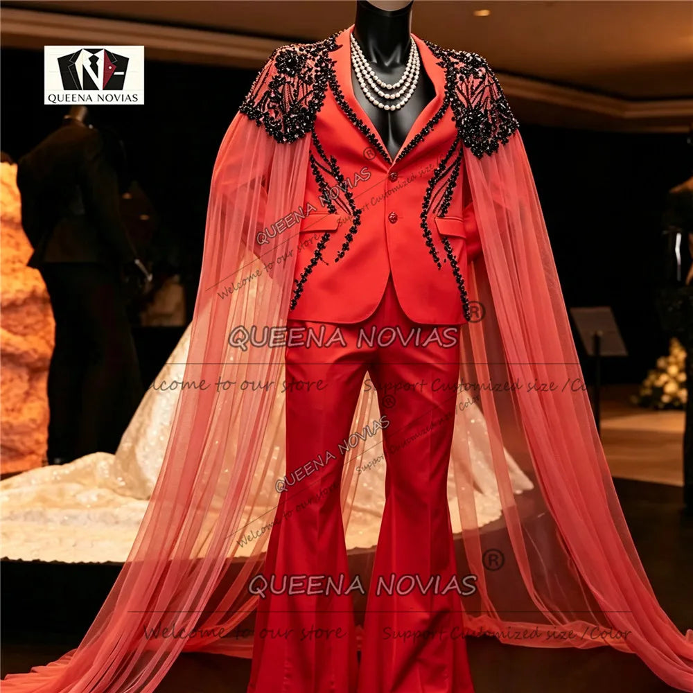 Elegant Wedding Suits For Man Black Beaded Stone Jacket With Tulle Cape Long Customized Groom Tuxedo Slim Fit 2 Piece Sets Dress