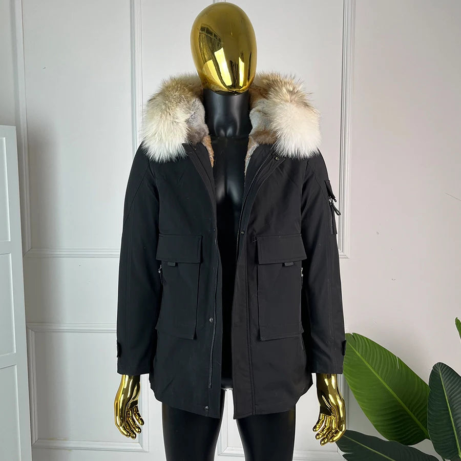 Winter Mens Outerwear Mens Fur Coat Detachable Real Coyote Fur Collar Rabbit Fur Liner Hooded Parka Fashion High Quality