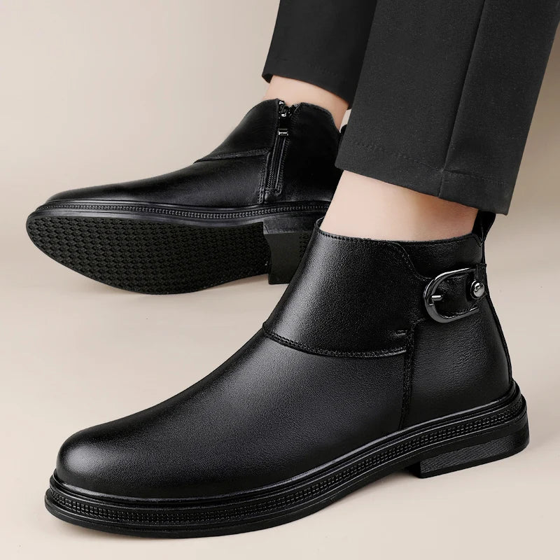 Winter New Fashion Cotton Shoes Men's Plush Genuine Leather Casual Snow Boots Slip on Male Business Footwear Comfy Ankle Boots