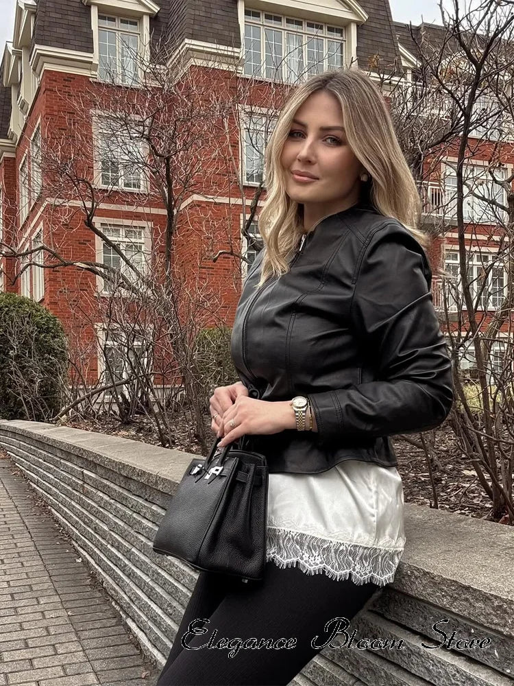 Women's Faux Leather Jacket Black Zip Front Drawstring Peplum Hem Slim Elegant Outerwear Fashion Daily Street Casual Short Coat