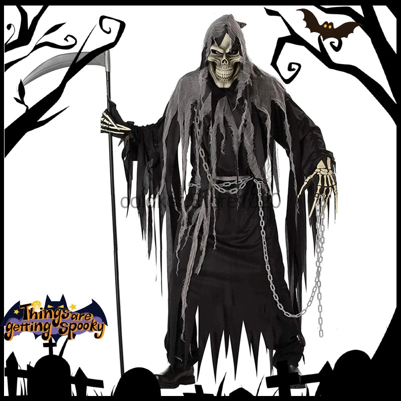 New Adult Grim Reaper Costume Men Women Scary Scythe Monster Cosplay Outfits Halloween Carnival Theme Party Dress Up No Scythe
