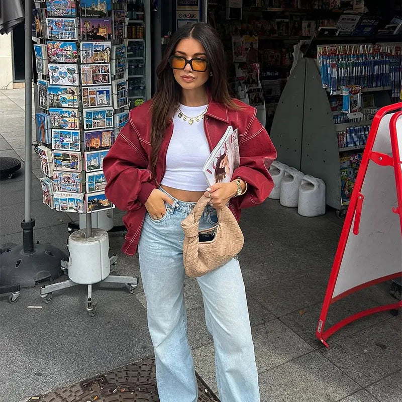 Women Stand Collar Leather Pilot Jacket Red Zipper Cropped Coat Fashion Casual Fashion Outerwear 2026 New Arrival Streetwear