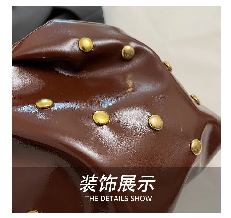Simple Versatile Clip Evening Handbags for Women Solid Color Rivet Pleated Design Ladies Clutch Female Soft Pu Leather Purse