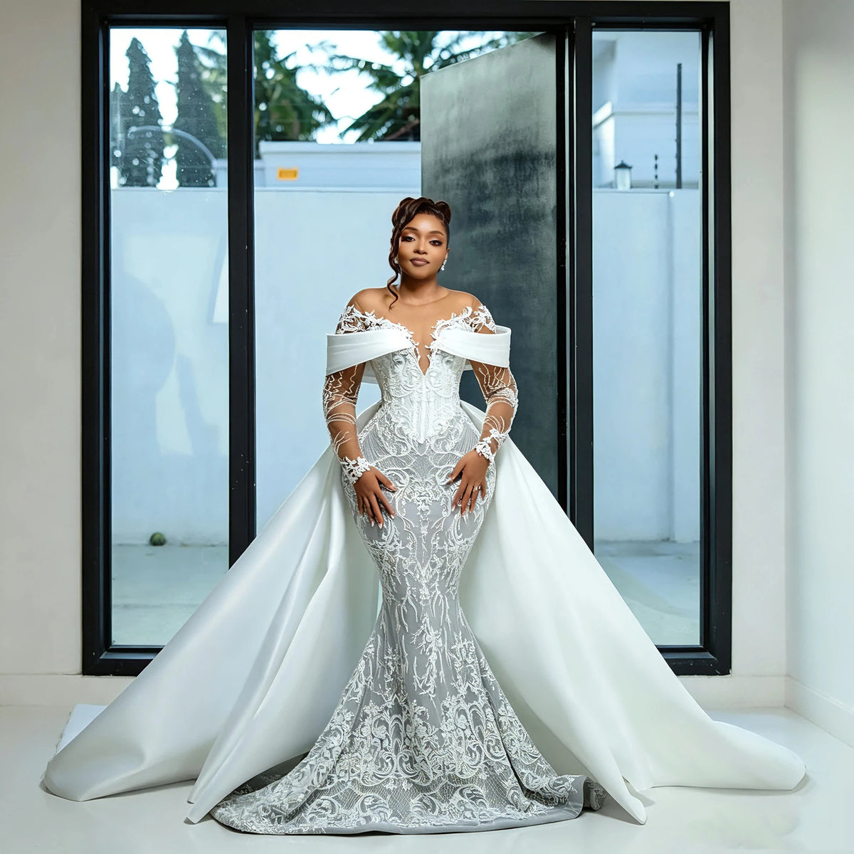 Off The Shoulder Mermaid Luxury Wedding Dresses Detachable Overskirt Long Lace Sleeves Bridal Dress Vestido De Novia Customized