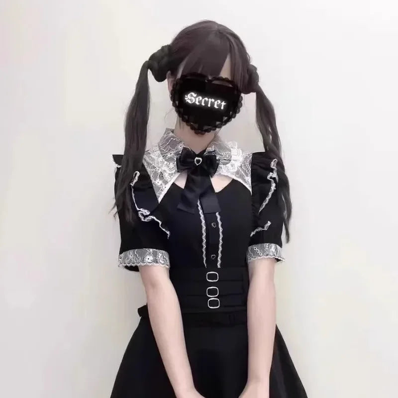 Jirai Kei Cosplay Costume Lolita Dress Blouse Y2K Kawaii Japanese Style Shirt Short Sleeve Pink Sweetheart Girl Halloween Party