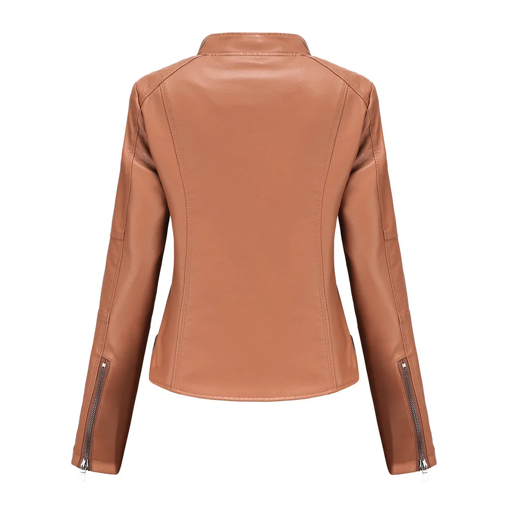 Women's Leather Jacket Women's Slim-Fit Jacket Thin Autumn Jacket Women's Biker Jacket Large Size Standing Collar Leather Jacket