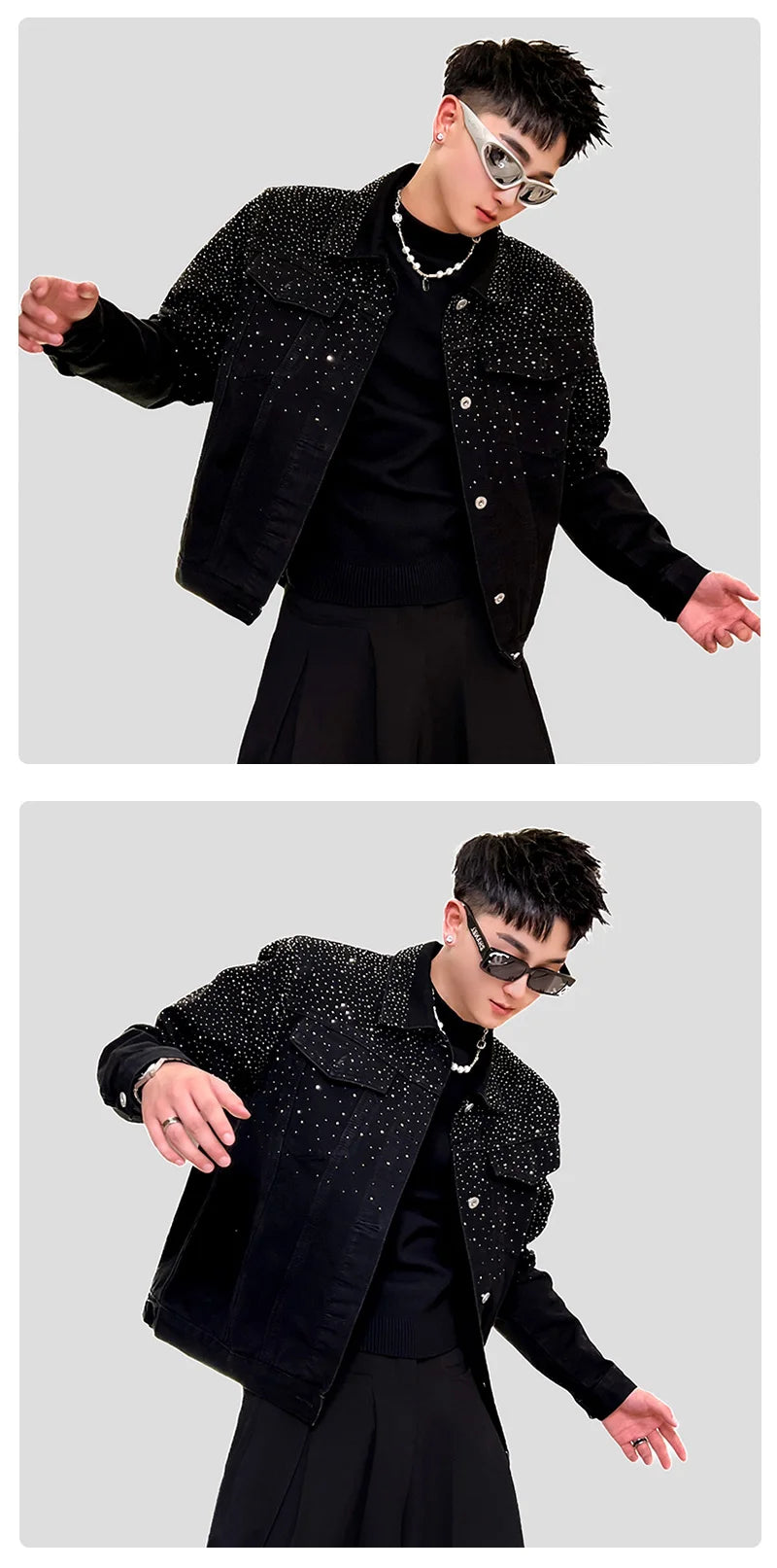 Fashion Denim Jacket High-End Handsome Shiny Rhinestone Light Luxury Trendy Men's Jacket Long Sleeve Single-Breasted Jackets