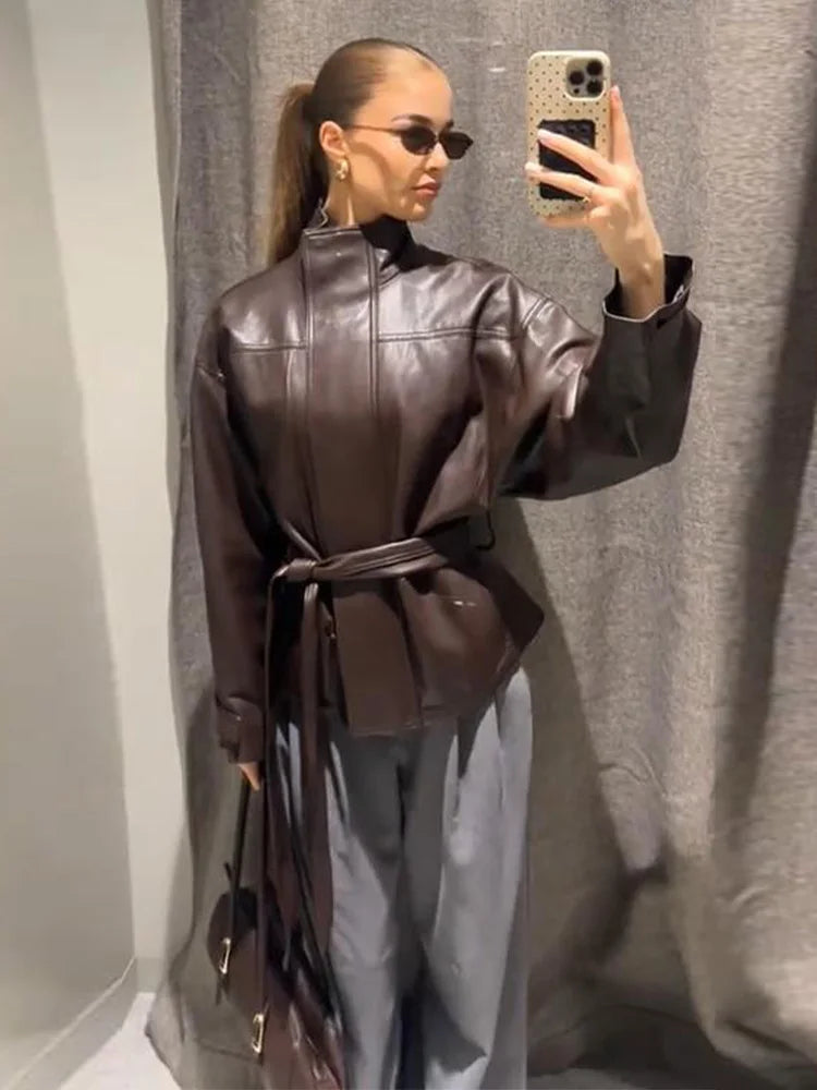 Faux Leather Jacket Stand Collar Winderbreaker Woman Waist Tie Belt Coat Long Sleeve Loose PU Leather Coat Street Wear Clothes