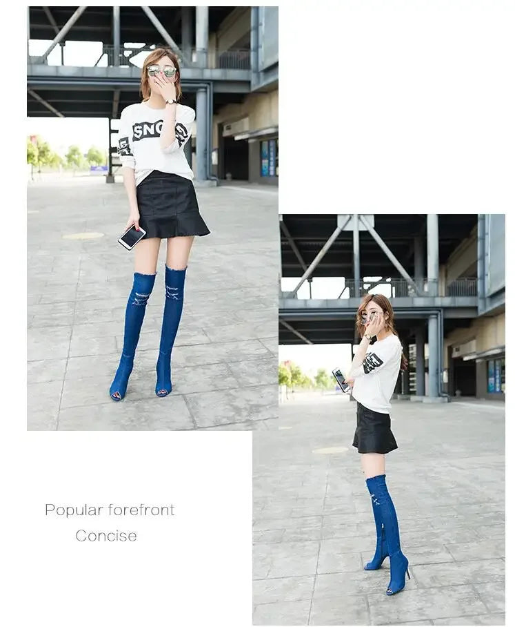 Summer Autumn Thigh High Boots Women Fashion Peep Toe Over The Knee Boots Blue Denim Jeans Zipper Long Boots Shoes Ladies
