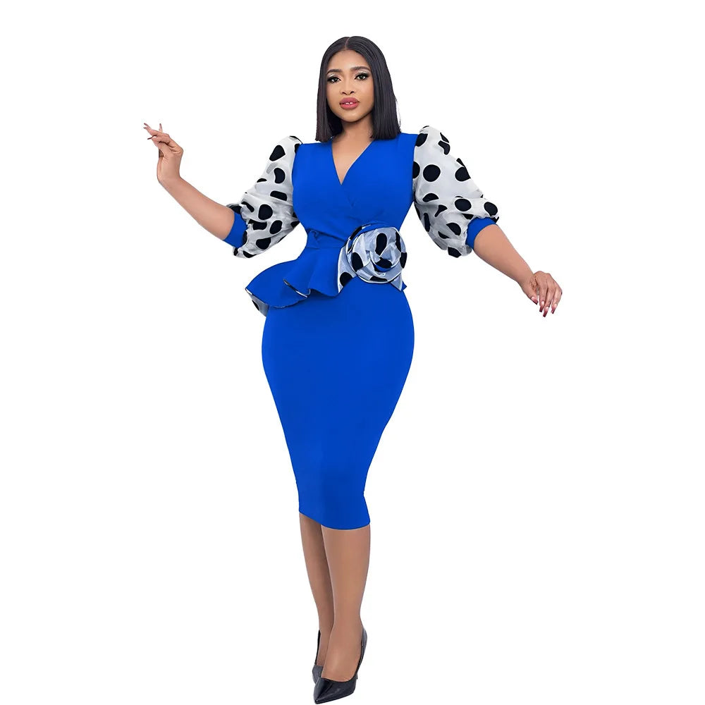 Elegant Dot Mesh Stitching V-neck Puff Sleeve Floral Appliques Bodycon Dress Women Ruffles Waist OL Even Party Dresses Vestidos