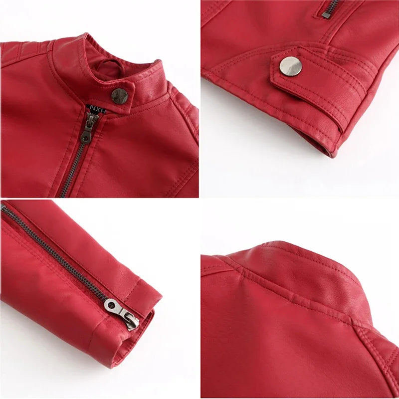 Autumn New Women's Leather Jacket, Fashionable Trim Motorcycle Women PU Coat Black Purple Brown Tops Female Menteau
