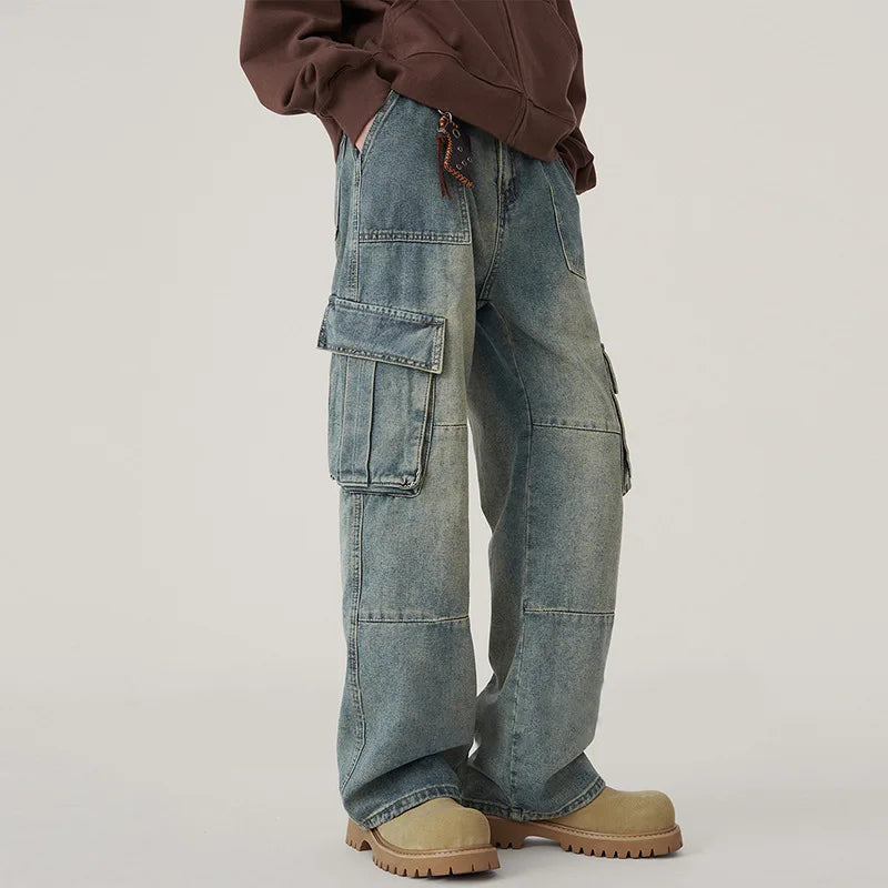 2025 Autumn Winter  Men's Jeans Vintage Vibe Denim Pants Multi Pocket Cargo Patchwork Wide Leg Straight Leg Versatile Trousers