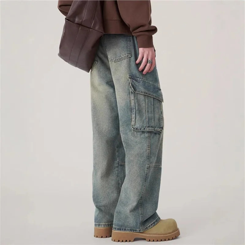 2025 Autumn Winter  Men's Jeans Vintage Vibe Denim Pants Multi Pocket Cargo Patchwork Wide Leg Straight Leg Versatile Trousers